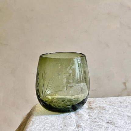 Hand-etched Blown Oval Glass, Olive Green