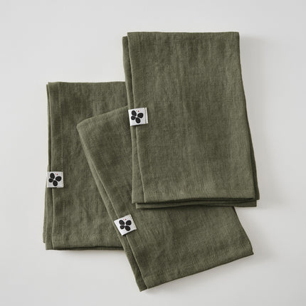 SOLINE Collection, Set of 3 Napkins in Washed Linen, Thym (khaki green)