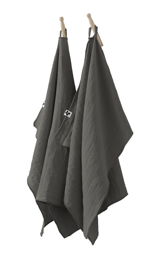 GAÏA Collection, Gauzed Cotton Kitchen Towels, Set of 2 in Granit (dark grey)