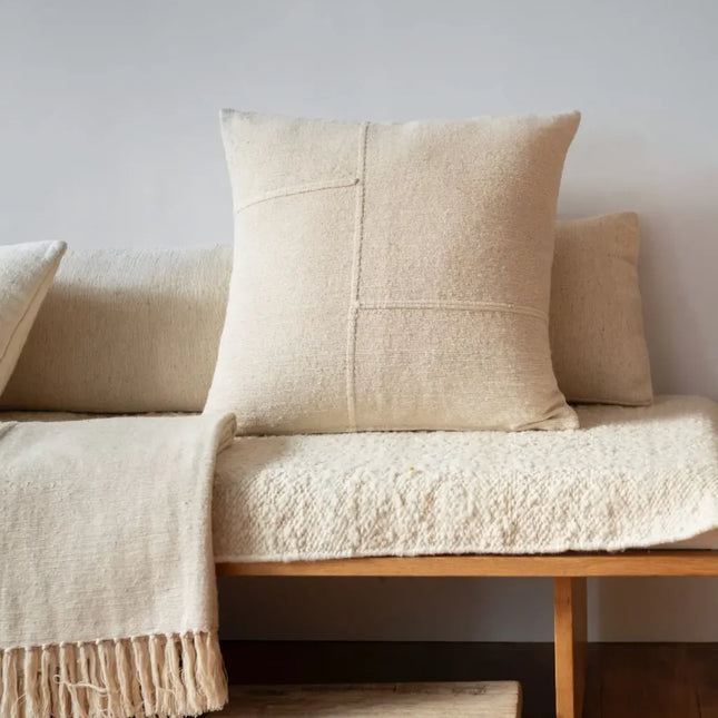 Sema Patchwork Embroidered Cushion in Organic Nettle, 24x24