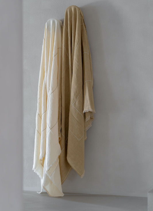 Linen Throw in Sandal with Off White Embroidery