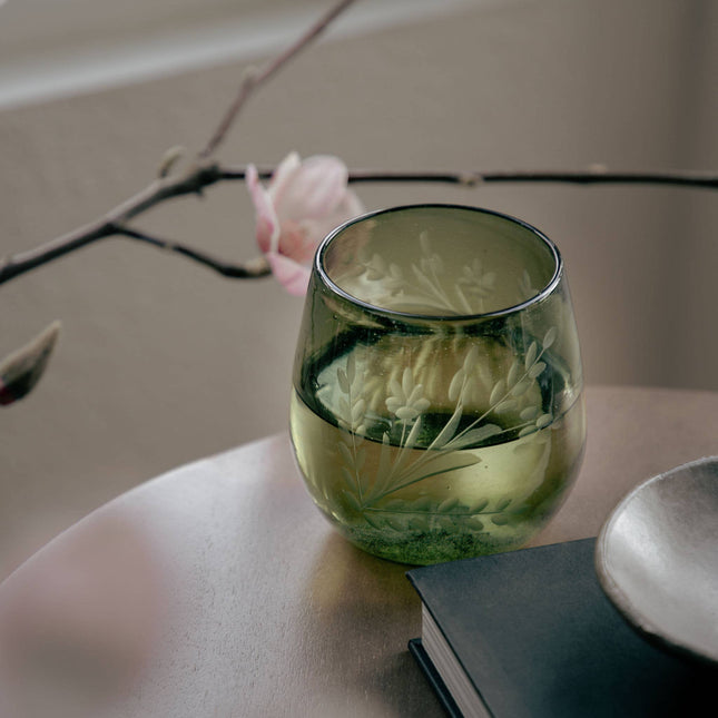 Hand-etched Blown Oval Glass, Olive Green