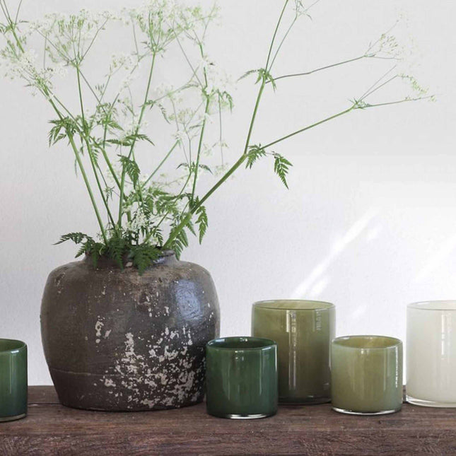 Hurricane Lamp, Blown Glass in Olive Green